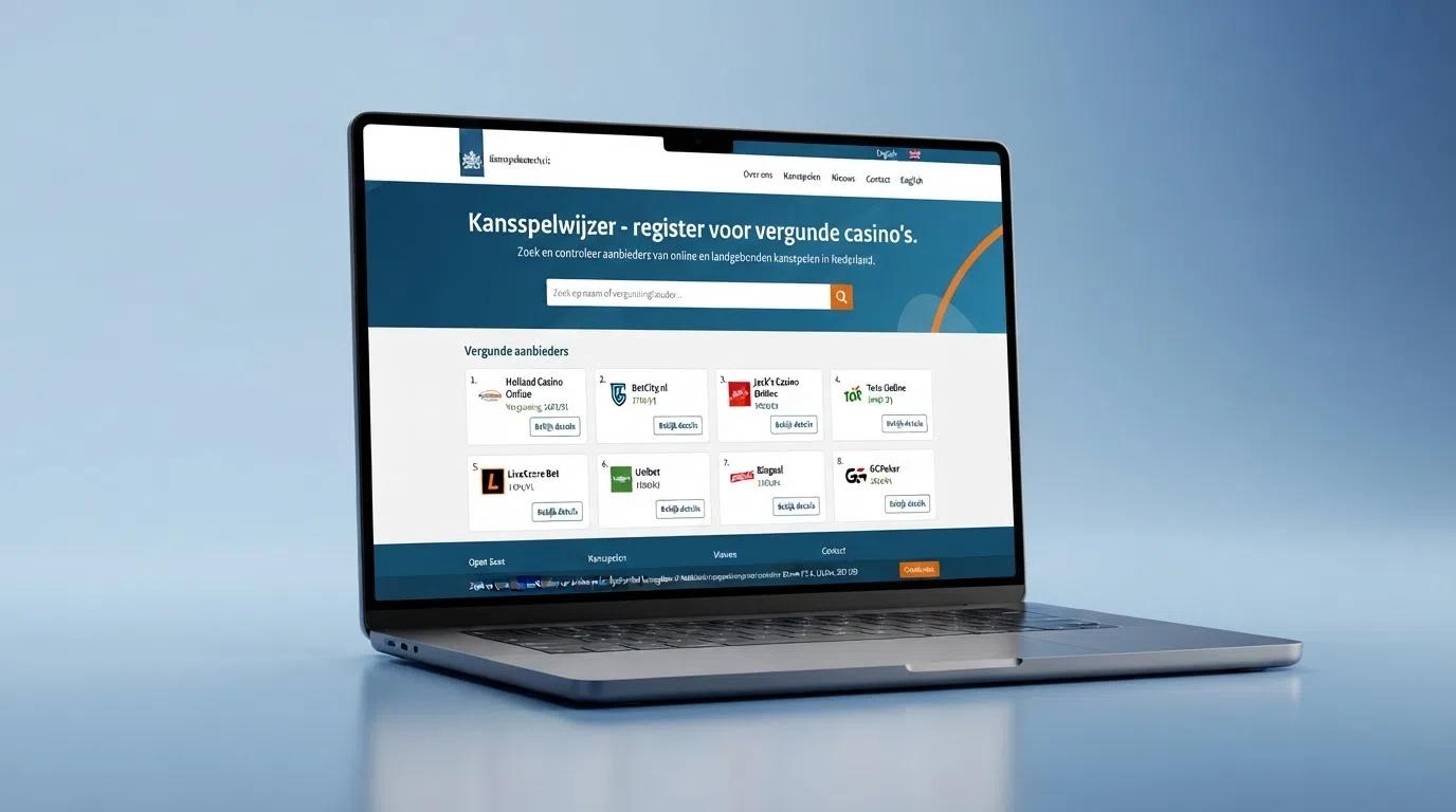 De homepage van de Kansspelautoriteit-website met het KSA-logo en een verwijzing naar het Kansspelwijzer-register voor vergunde casino's
