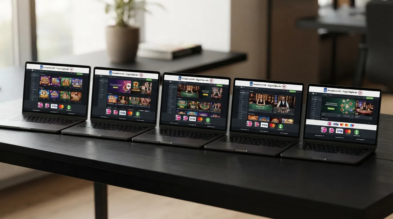 Een rij van vijf Nederlandse online casino-startpagina's met het KSA-logo en iDEAL als betaaloptie in beeld