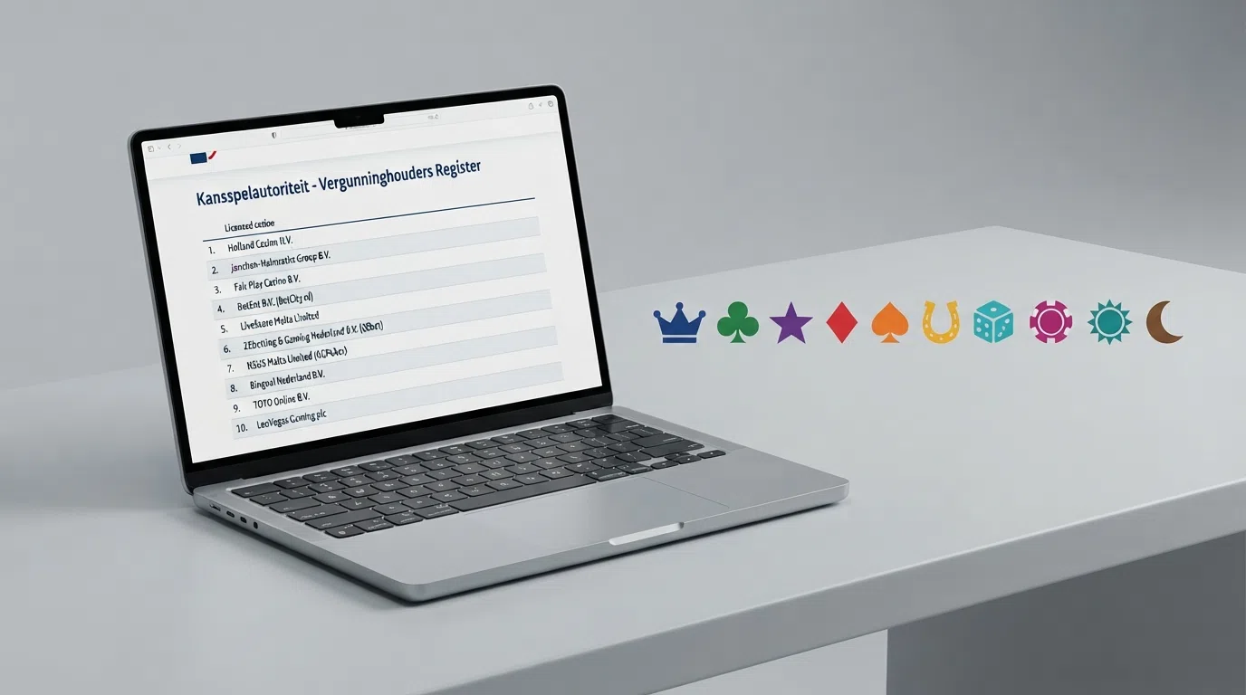 Een laptopscherm met het KSA-vergunningenregister naast de logo's van de besproken casino's.
