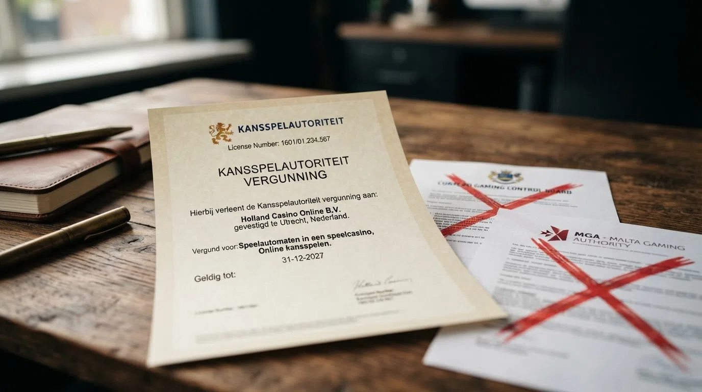 Een Nederlandse vergunning van de Kansspelautoriteit naast een Curaçaose en een MGA-vergunning, met een rood kruis door de laatste twee