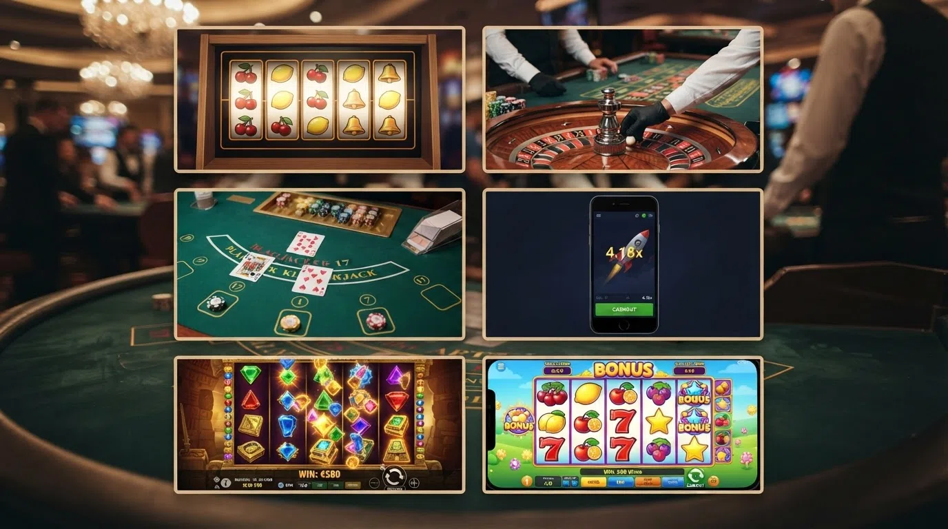 Een grid van zes verschillende casinospellen: een gokkast met fruit-symbolen, een live roulette-tafel met dealer, een blackjack-hand, het Aviator-spel, een Megaways-slot en het Starburst-scherm