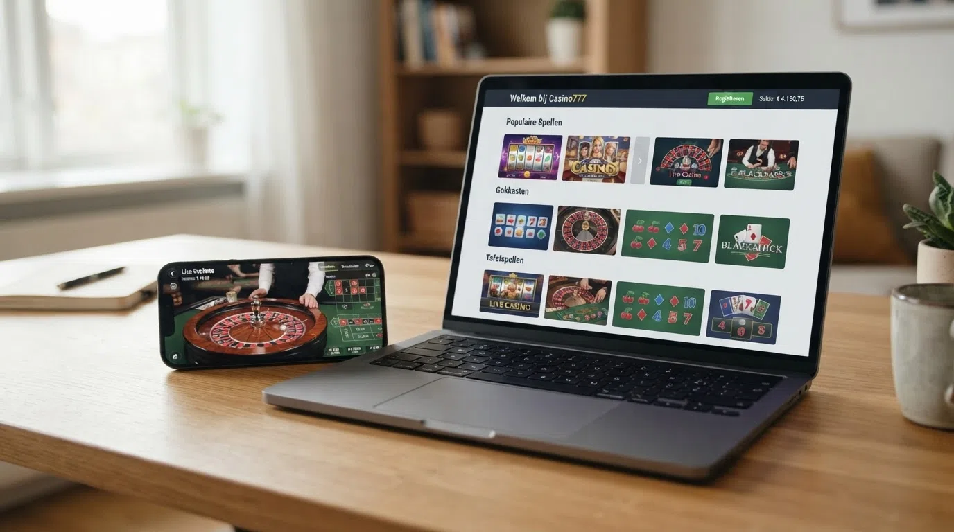 Een overzichtelijke rij screenshots van Nederlandse online casino-interfaces op een laptop en telefoon, geordend naast elkaar.