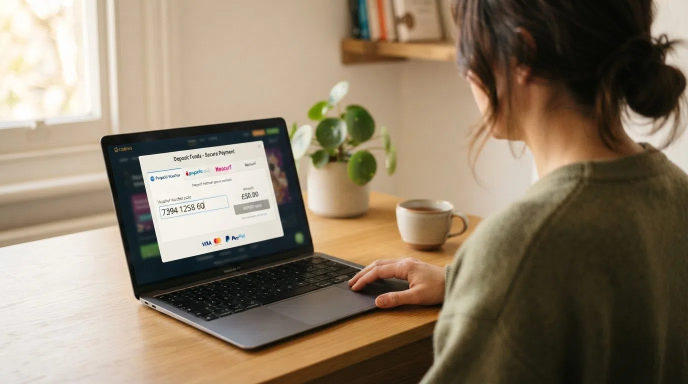 Het stortingsscherm van een online casino met het Neosurf-logo als geselecteerde betaaloptie, een vouchercode wordt ingevoerd