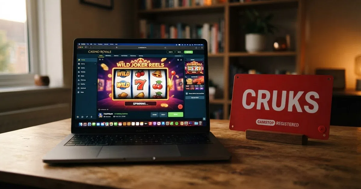 Een laptopscherm met een online casino-lobby en een uitvergroot slotspel op de voorgrond; naast het scherm is een rood waarschuwingsteken zichtbaar met de tekst “Cruks” eronder.