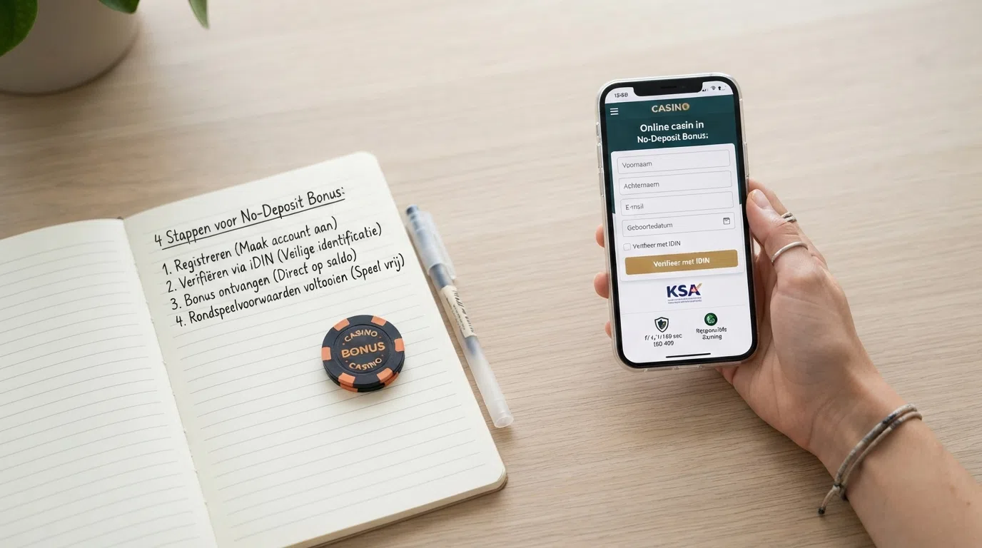 Een stappenschema dat laat zien hoe een speler een bonus zonder storting claimt: registreren, verifiëren via iDIN, bonus ontvangen en rondspeelvoorwaarden voltooien