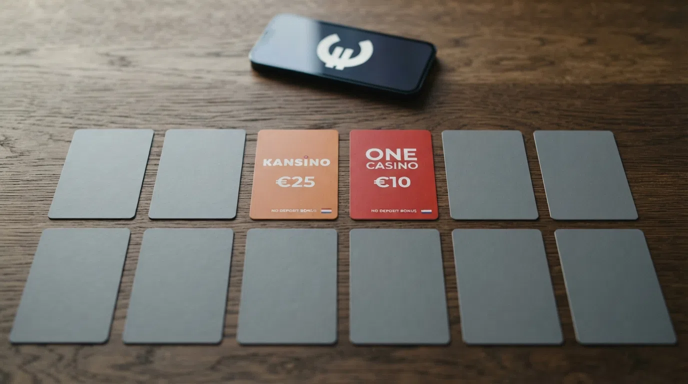 Twee uitgelichte bonuskaarten naast elkaar — Kansino (€25) en One Casino (€10) — met daaronder acht grijze, lege kaarten voor de casino's zonder no-deposit aanbod