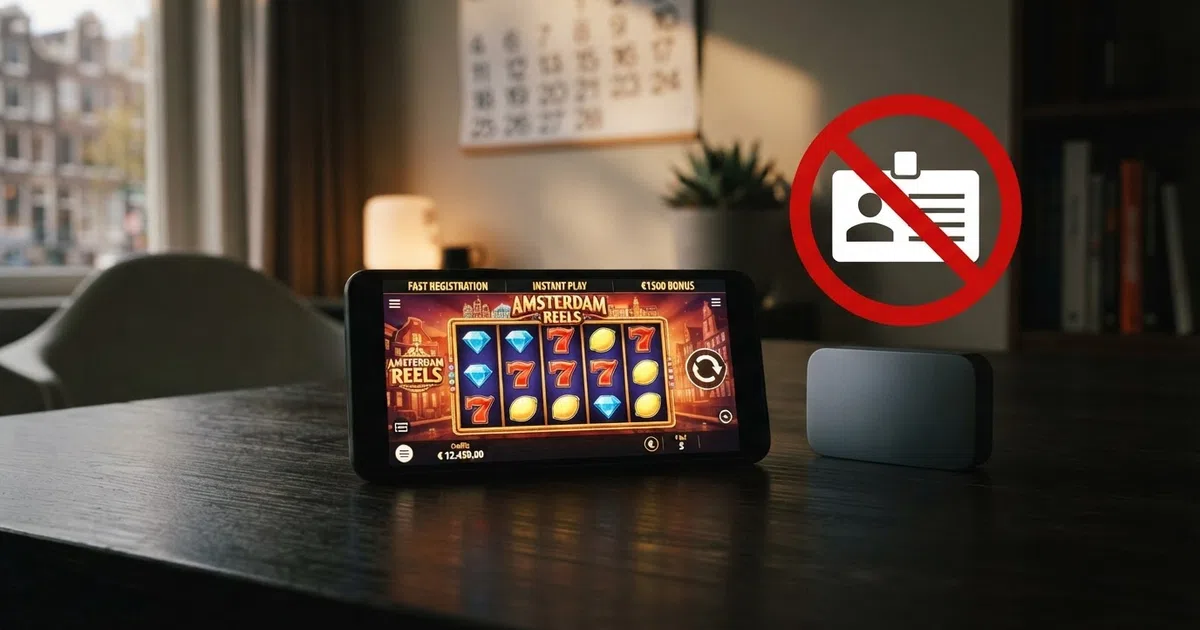Een smartphone met een casino-startscherm en een doorgestreept identiteitsbewijs-icoon, tegen een donkere achtergrond met Nederlands vormgegeven waarschuwingselementen