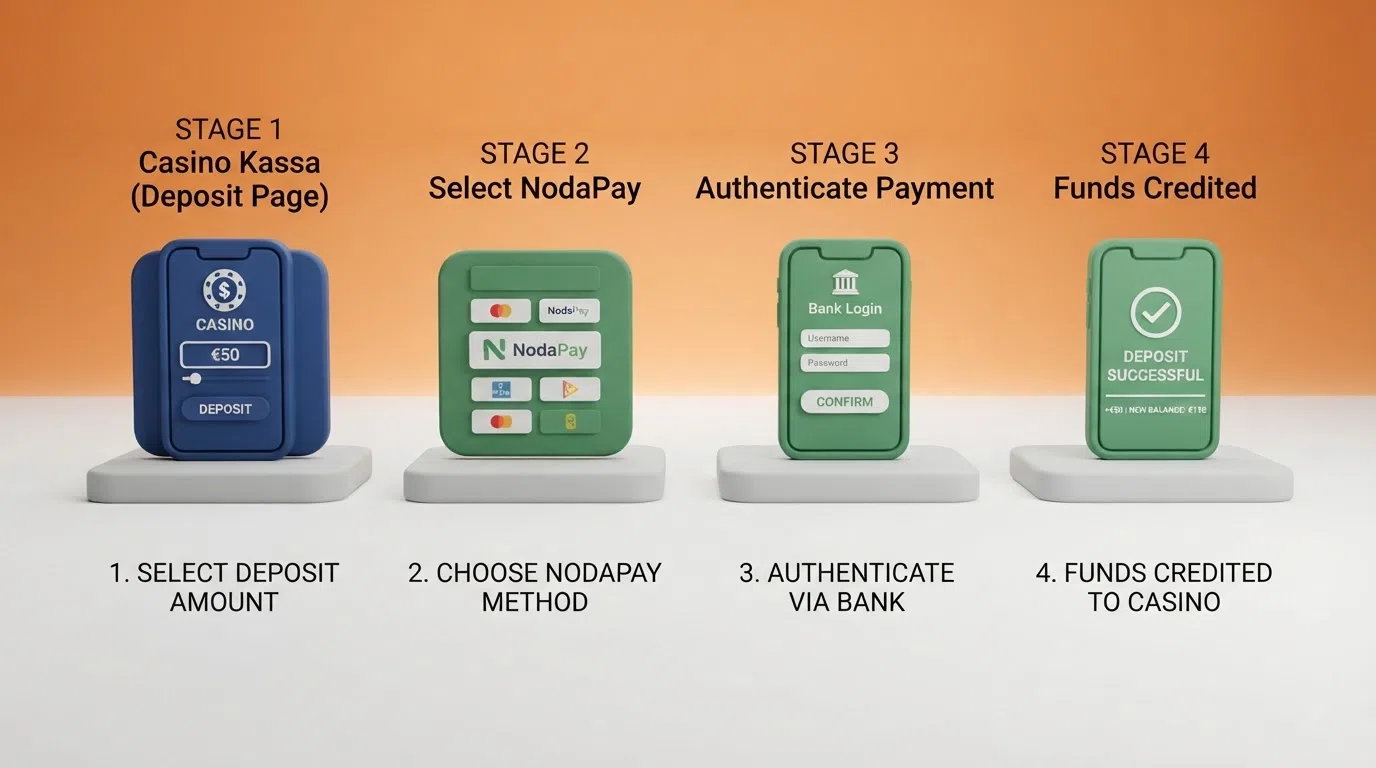 Het stappenplan van een NodaPay-storting: kassa-selectie, bankkeuze, bankbevestiging en speeltegoed.