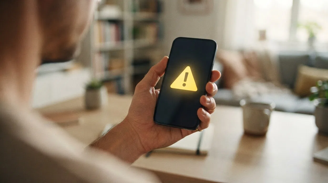 Een waarschuwingsicoon op een smartphone bij een buitenlandse casino-site die CashToCode-stortingen promoot.