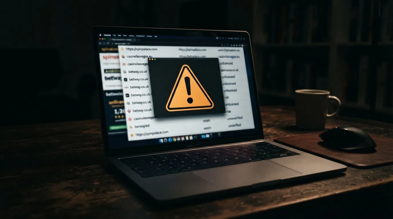 Een waarschuwingsicoon boven een scherm met buitenlandse casino-URL's, zonder Cruks-koppeling