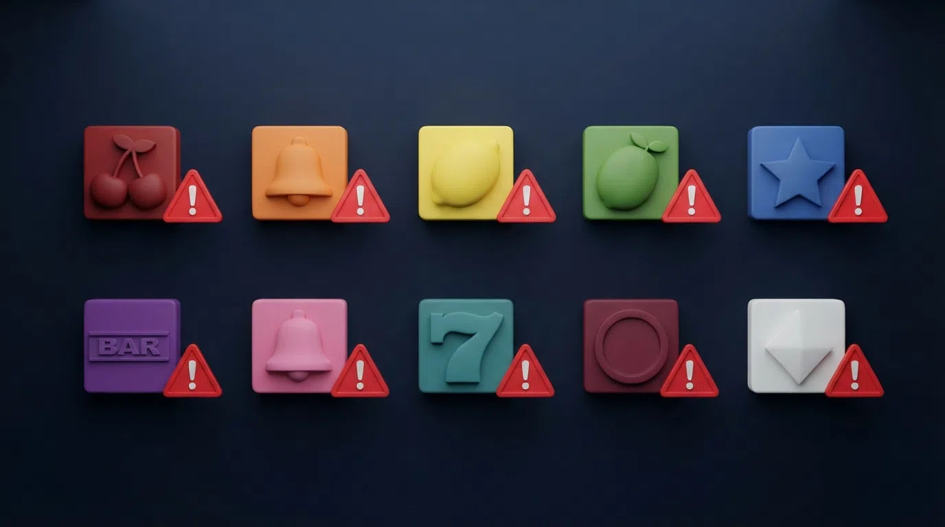 Een overzichtelijk raster van tien casinologo's op een donkere achtergrond, met naast elk logo een rood waarschuwingsicoon en de aanduiding 'Geen Ksa-vergunning'