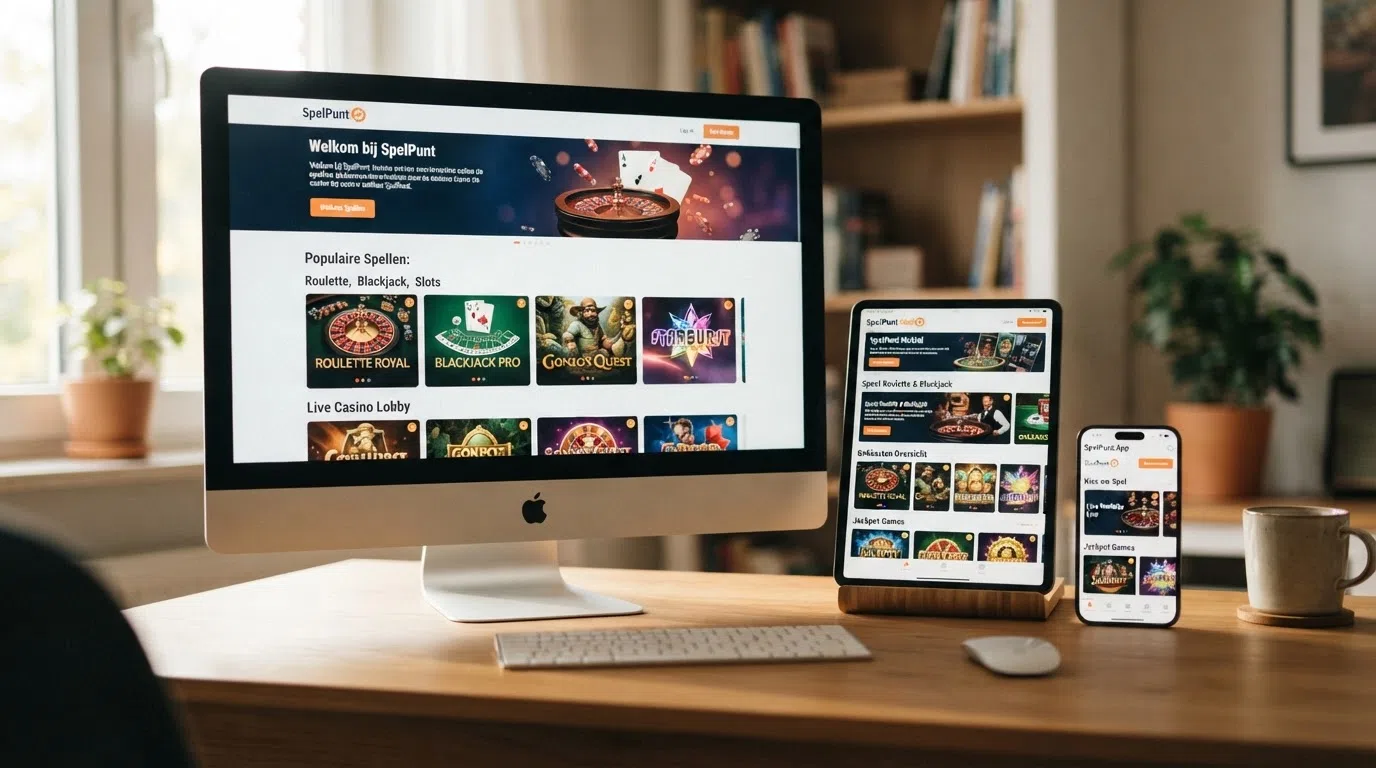 Een rij online casino-interfacevoorbeelden op verschillende schermen — desktop, tablet en mobiel