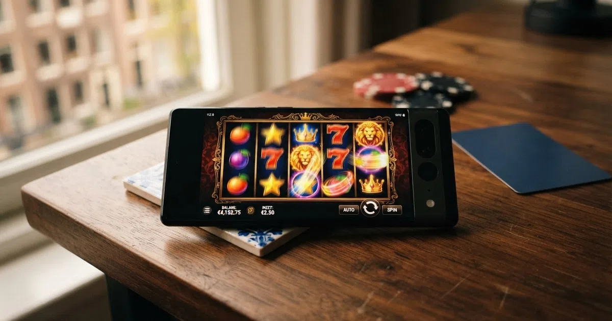 Een Nederlandse online casino-interface met een welkomstbonus-promotie voor gratis spins, op een laptop- en telefoonscherm