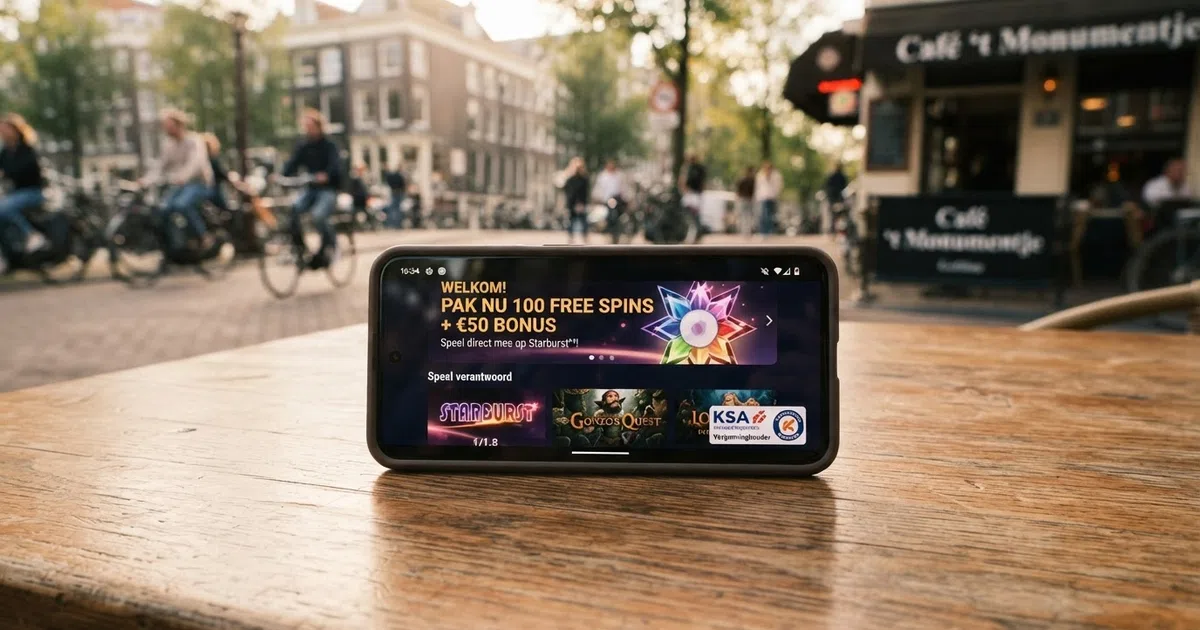 Een scherm van een Nederlands online casino met een free-spinsaanbieding en het KSA-keurmerk zichtbaar