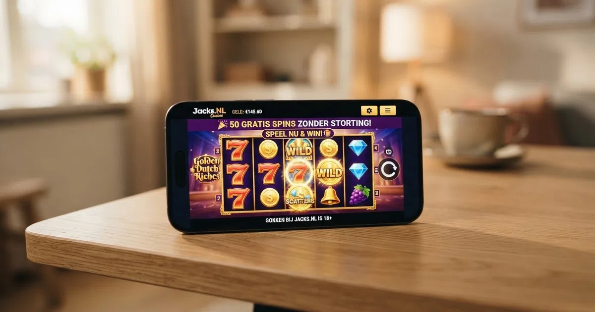Een Nederlandse online casino-interface met een gratis spins-promotie op het scherm