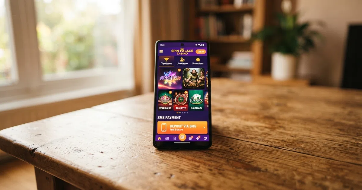 Een smartphone met het scherm van een online casino en een betaalpagina waar sms als optie wordt getoond