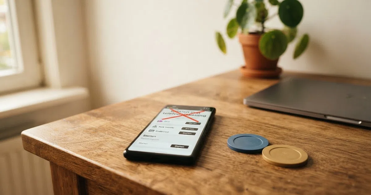 Een smartphone met daarop een online casino-betaalpagina en de tekst “Betalen met telefoonrekening” doorgestreept, met daarnaast de logo's van iDEAL en Trustly als alternatieven