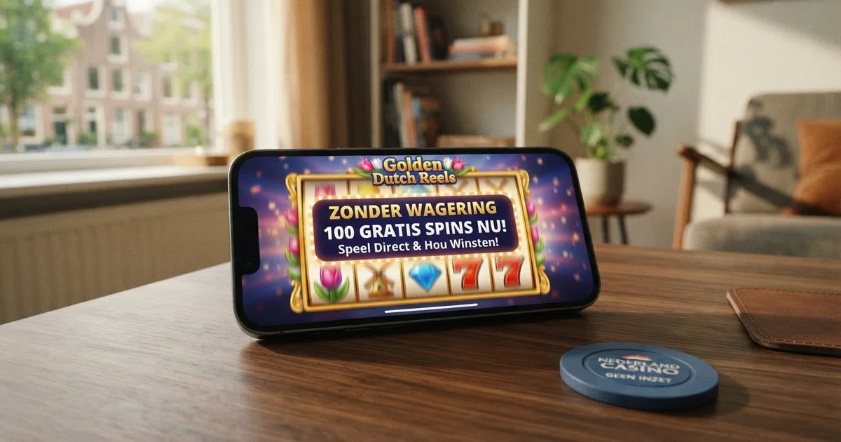 Een Nederlands online casino bonusscherm met de tekst “zonder wagering” prominent in beeld, naast een mobiele telefoon met hetzelfde casino geopend.