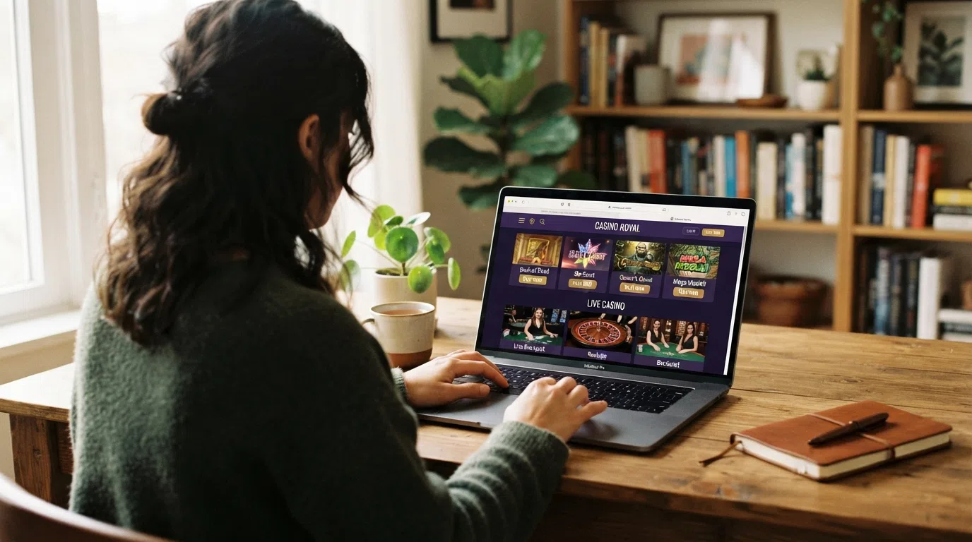 Een speler die online casino spelletjes speelt in een webbrowser op een laptop