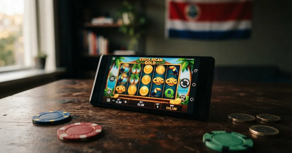 Een collage van casino-elementen — speelkaarten, een slotmachine-interface en de Costa Ricaanse vlag — tegen een donkere achtergrond die de offshore-context symboliseert