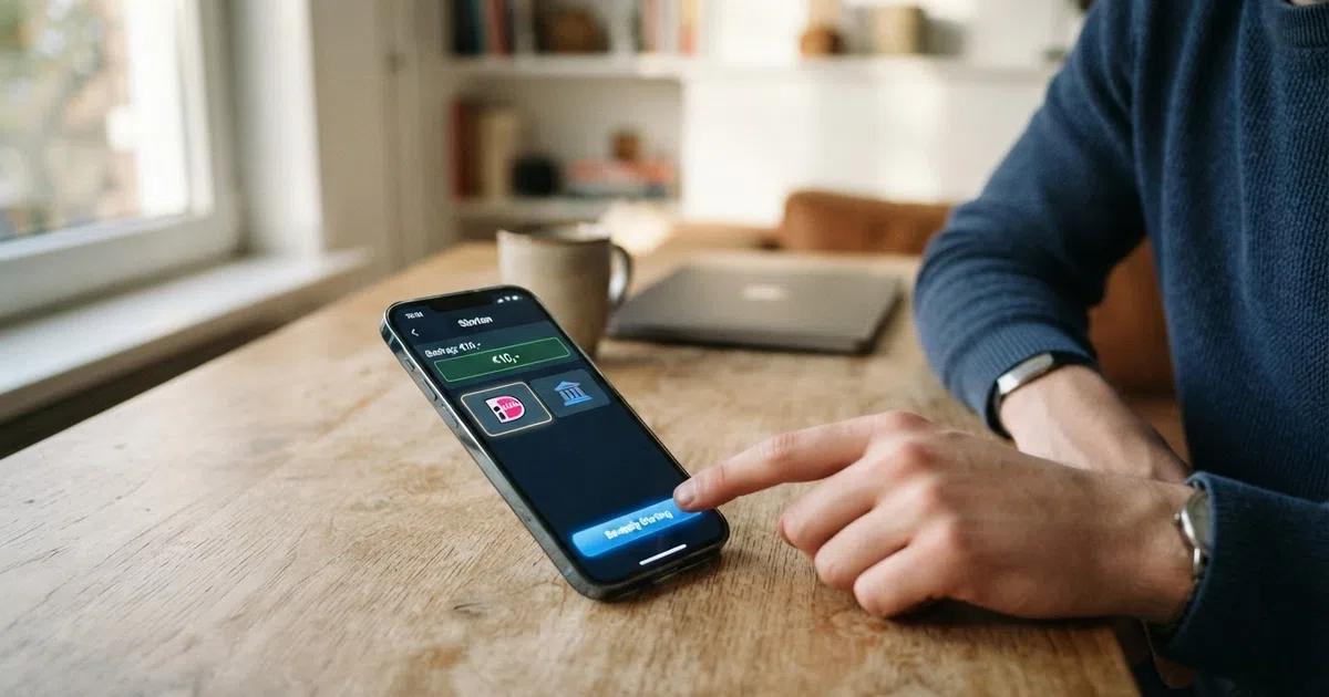 Een smartphone met het stortingsscherm van een Nederlands online casino, het bedrag €10 ingevuld en de iDEAL-knop in beeld