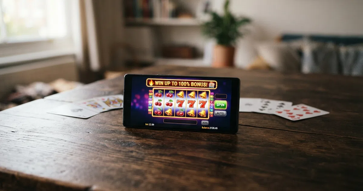 Een scherm met een online casino bonusuitnodiging: een gouden “100%”-teken en speelkaarten op een donkere achtergrond