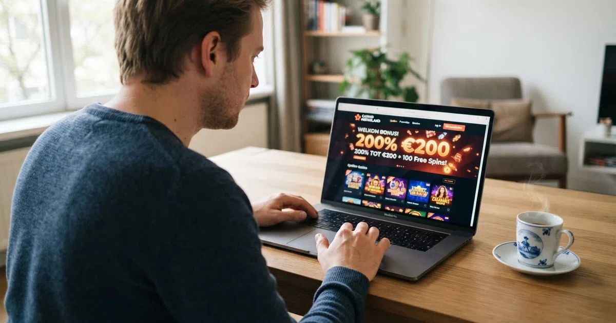 Een Nederlandse speler bekijkt een online casinopagina met een 200% welkomstbonus-aanbieding op een laptopscherm, met een kop koffie ernaast