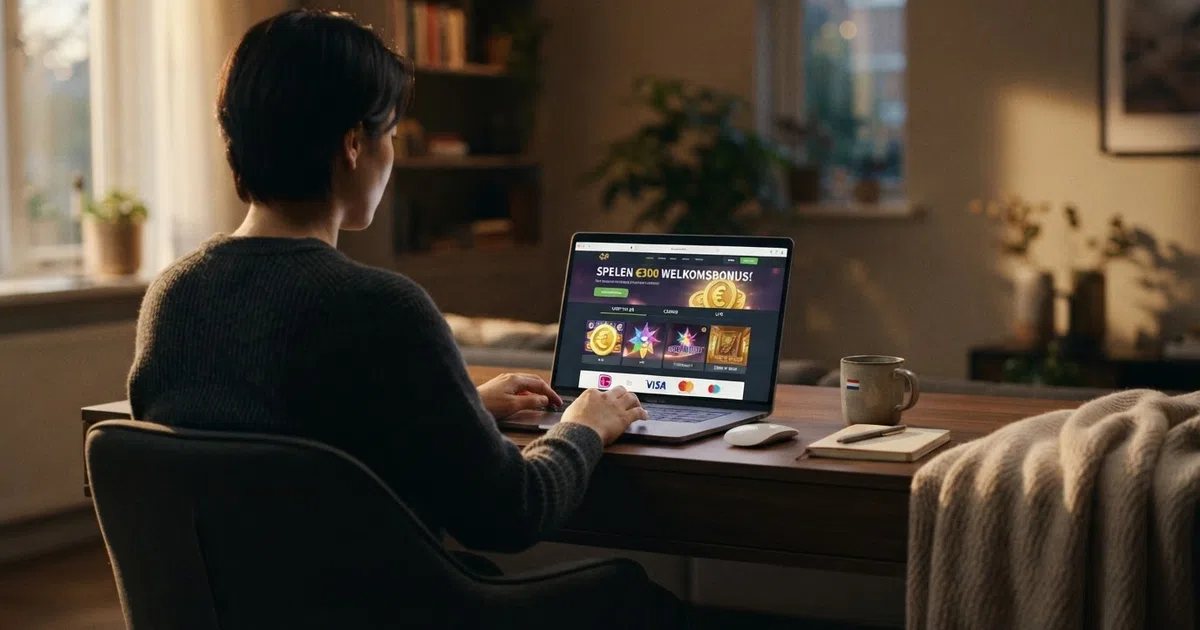 Een Nederlandse speler zoekt op zijn laptop naar een online casino bonus, met het KSA-logo vaag zichtbaar op een tweede tabblad