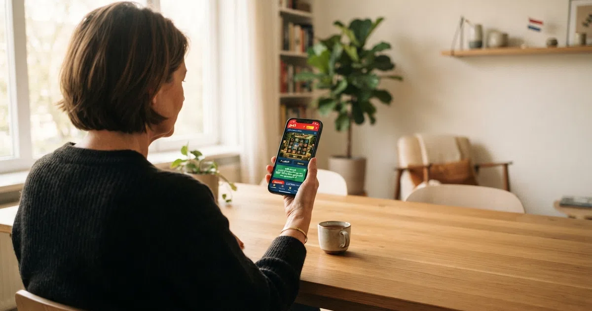 Een Nederlandse speler kijkt naar een smartphone met een casino bonusaanbod op het scherm, met een waarschuwingsicoon zichtbaar.