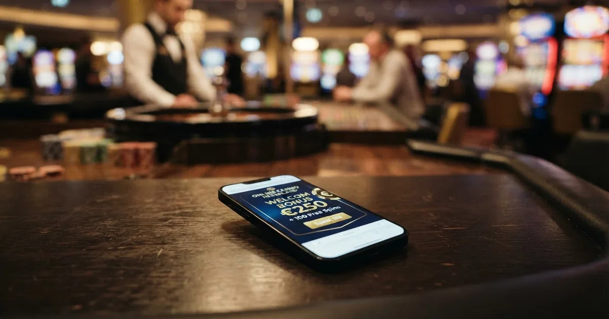 Een geïllustreerde weergave van een online casino bonusaanbod met een doorgestreepte “500%” en daarnaast de vermelding van realistische bonuspercentages bij legale Nederlandse casino's