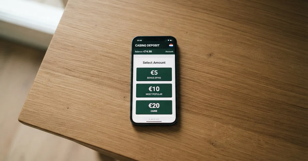 Een Nederlandse speler bekijkt op zijn telefoon het stortingsscherm van een online casino met de bedragen €5, €10 en €20 in beeld