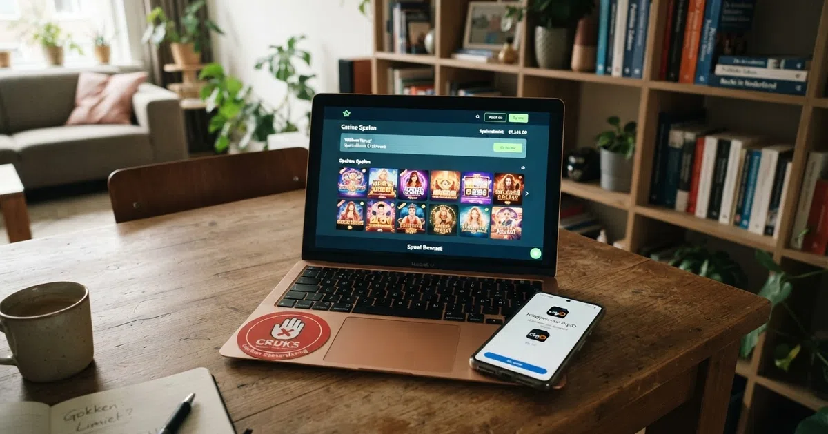 Een laptopscherm met een Nederlandse casino-interface en daarnaast een rood CRUKS-waarschuwingspictogram en een DigiD-inlogscherm op een smartphone