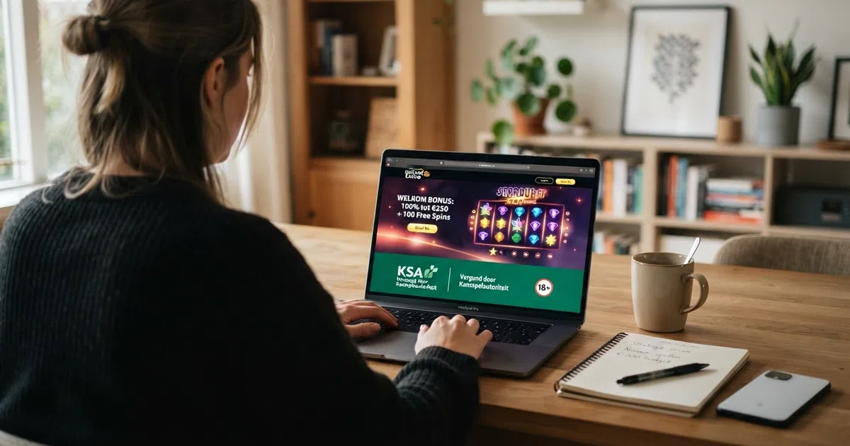 Een Nederlandse speler aan een laptop met een casino-site in beeld — het KSA-keurmerk staat zichtbaar naast de welkomstbonus die automatisch wordt aangeboden