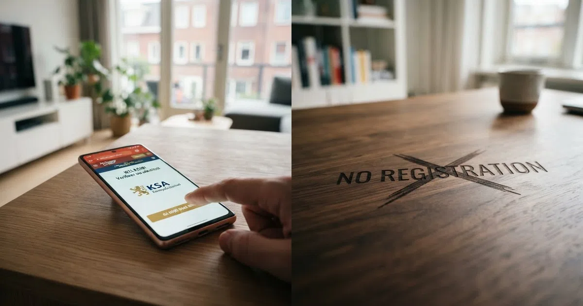 Een split-screen dat links een smartphone toont met het KSA-logo en een iDIN-verificatiescherm, rechts een doorgestreepte tekst “no registration”