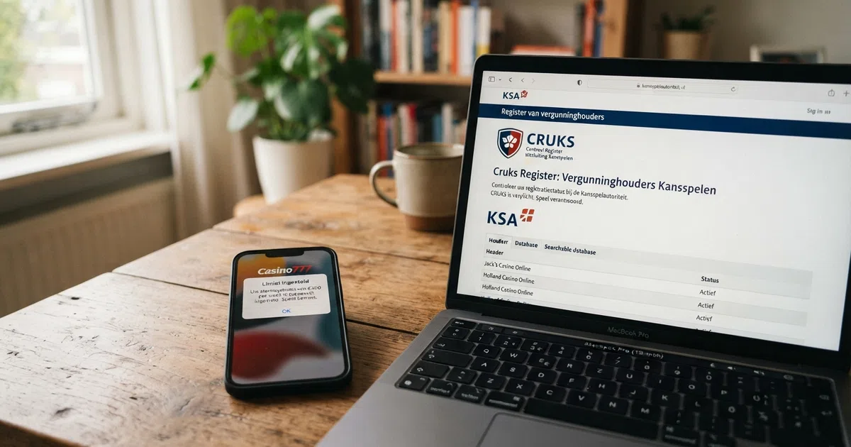 Een close-up van een Nederlands online casinovenster waarin een stortingslimietmelding op het scherm verschijnt, naast een smartphone met de KSA-vergunningenpagina