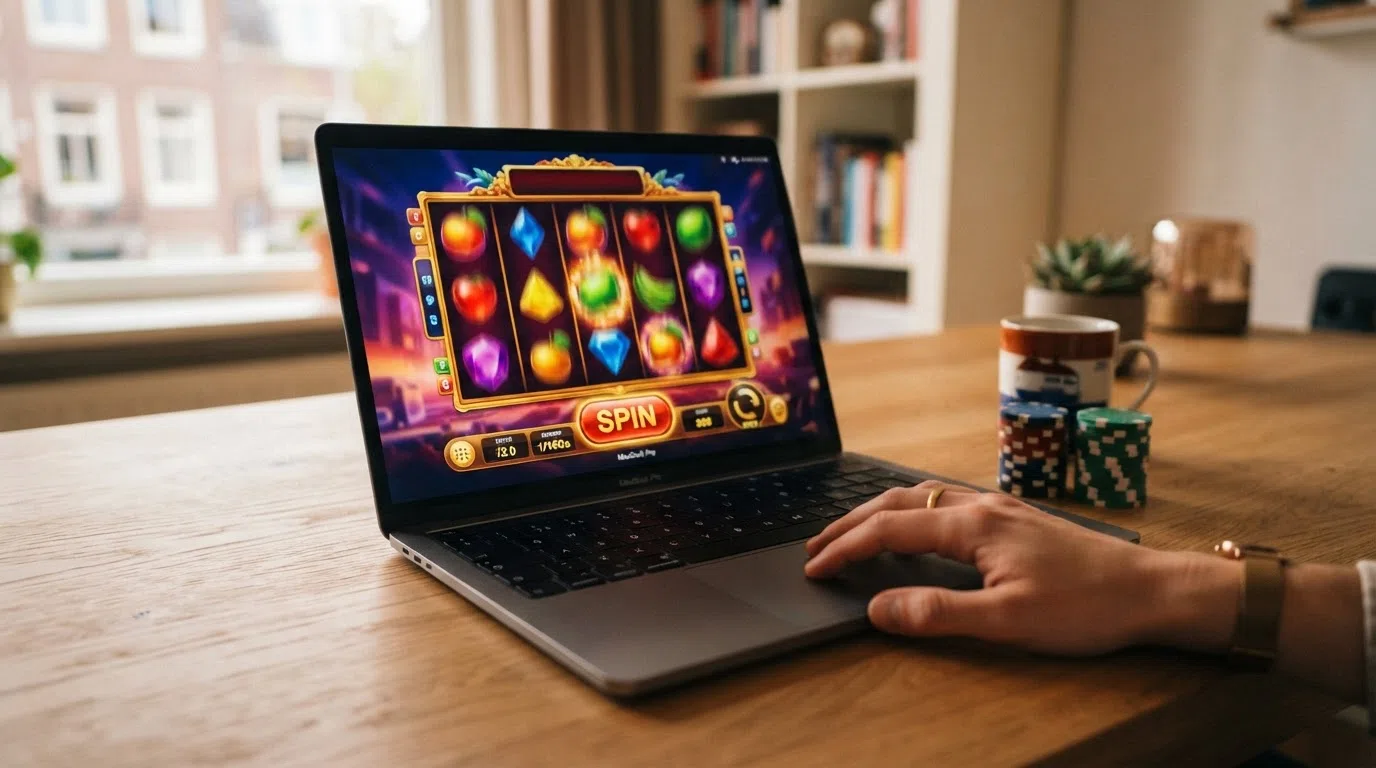 Een kleurrijk slotspel op een laptopscherm, met de spin-knop en het saldo zichtbaar
