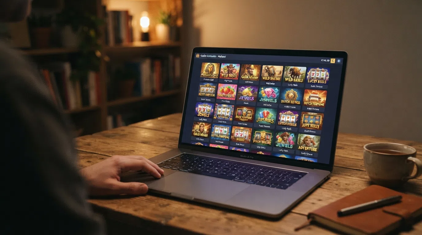 Een raster van online gokkasten op het scherm van een Nederlands casino, met spellen van Pragmatic Play, NetEnt en Play'n Go zichtbaar