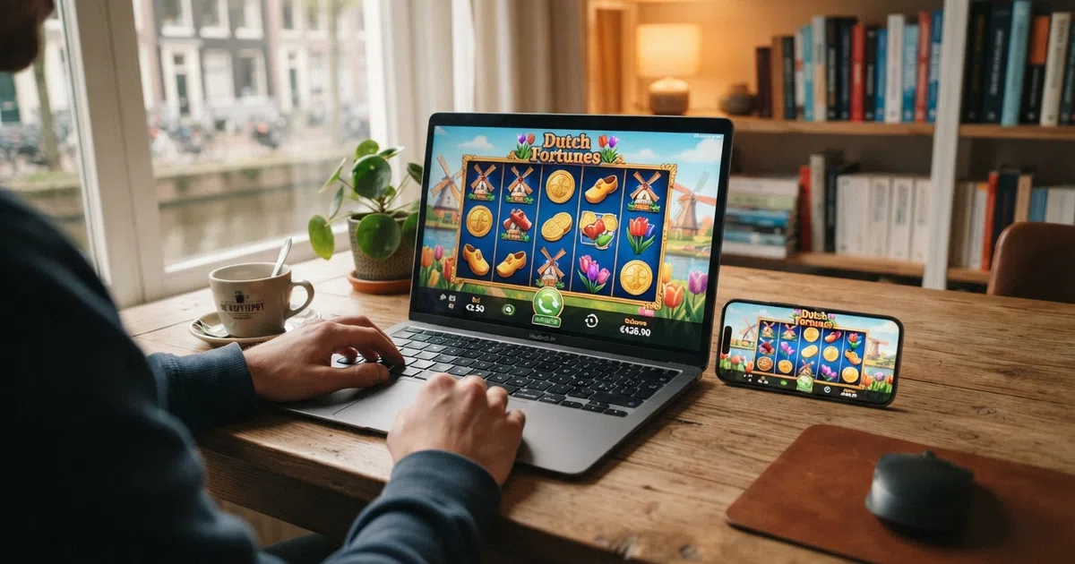 Een Nederlands online casino-interface op een laptopscherm, met een HTML5-gokkast die actief draait in de browser — naast het scherm ligt een smartphone met dezelfde slot, om te laten zien dat het spel op beide apparaten zonder plugin werkt