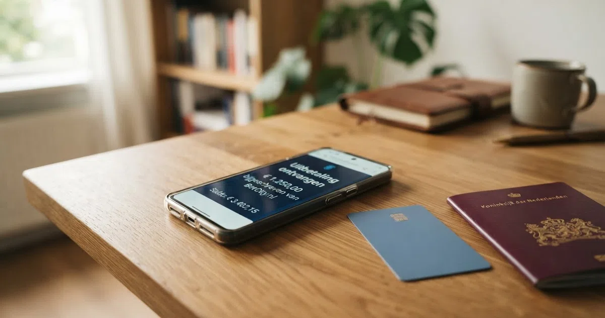 Een smartphone toont een bevestigingsscherm van een Nederlandse bankapp met de tekst “Uitbetaling ontvangen”, ernaast liggen een bankpas en een Nederlands paspoort op een houten bureau