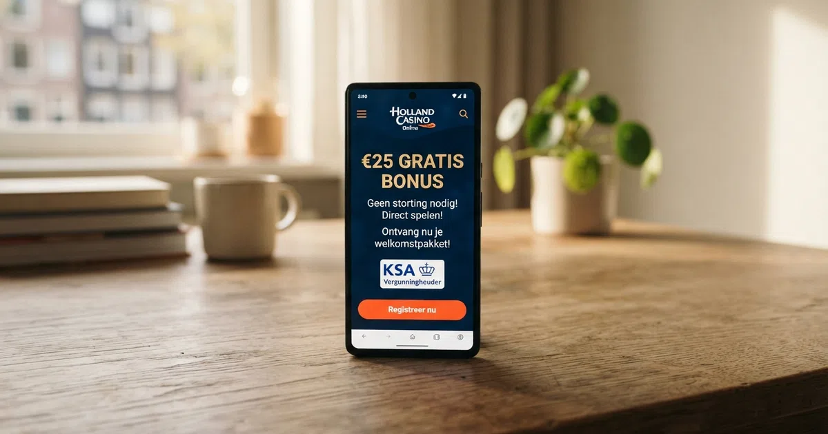Een smartphone met daarop het scherm van een Nederlands online casino, met een bonusaanbieding en het KSA-keurmerk in beeld