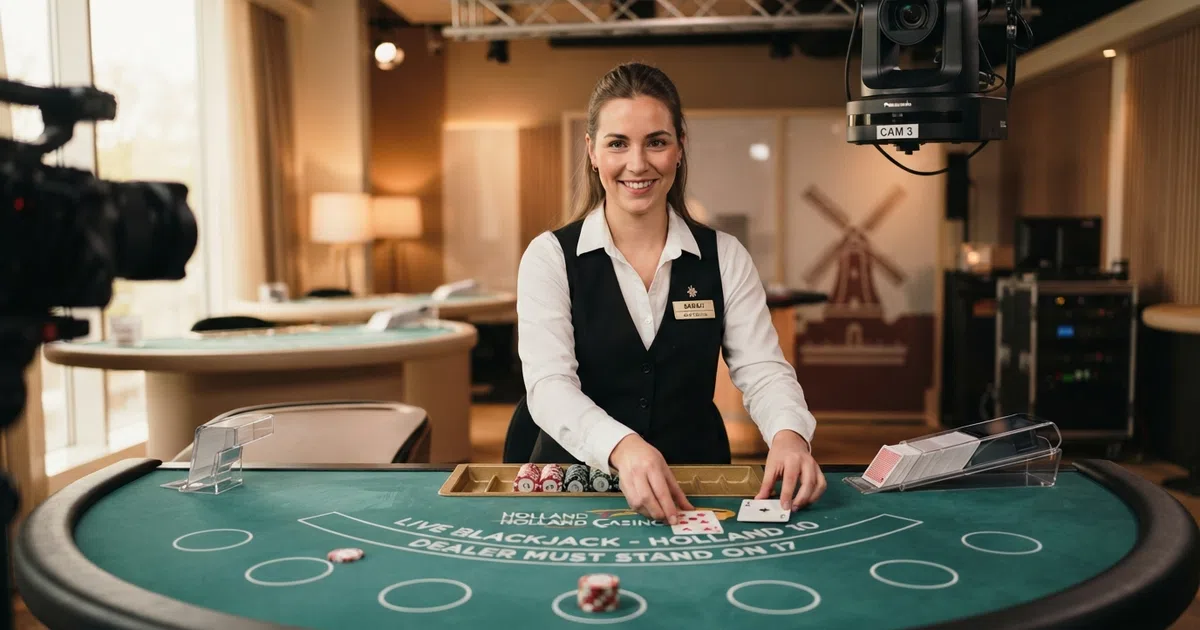 Een live dealer aan een speeltafel in een casino studio, zichtbaar via videoverbinding op een computerscherm