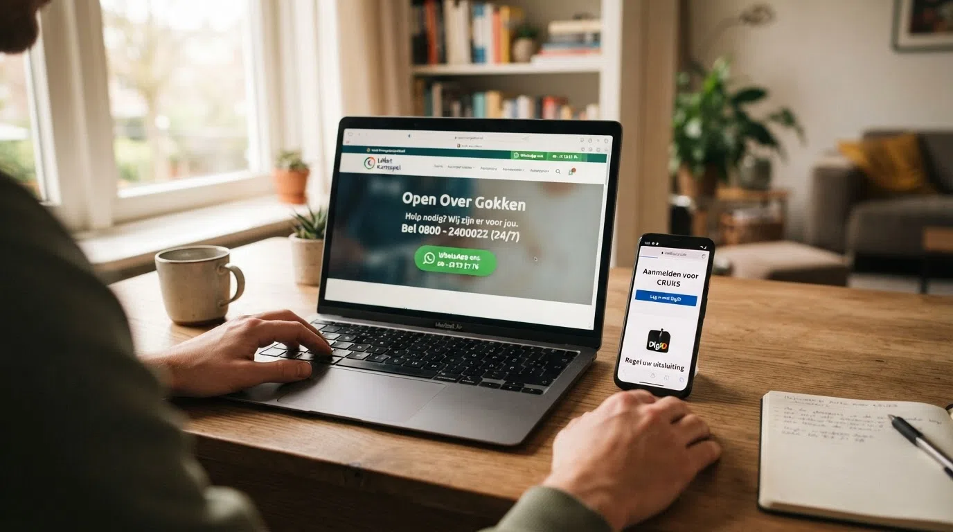 De startpagina van Open Over Gokken op een laptopscherm met zichtbare telefoonnummer- en WhatsApp-knop, daarnaast een smartphone met de CRUKS-inlogpagina via DigiD