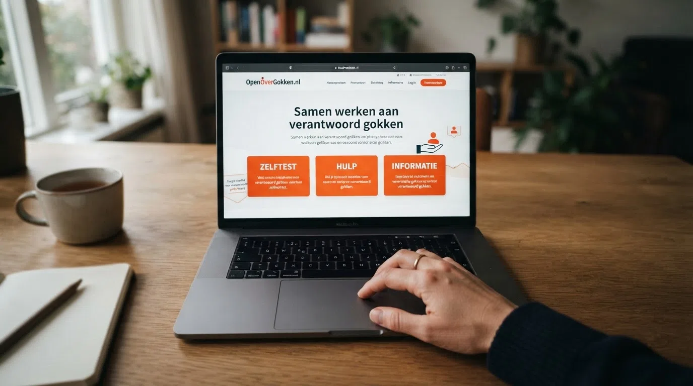 De homepage van OpenOverGokken.nl op een laptop, met duidelijke knoppen voor zelftest, hulp en informatie