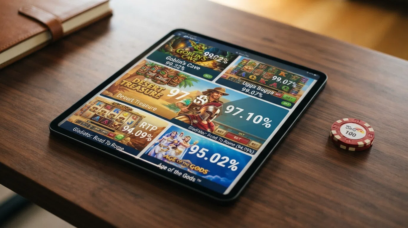 Overzicht van vijf Playtech gokkasten op mobiel scherm met RTP-percentages zichtbaar in de spelinterface