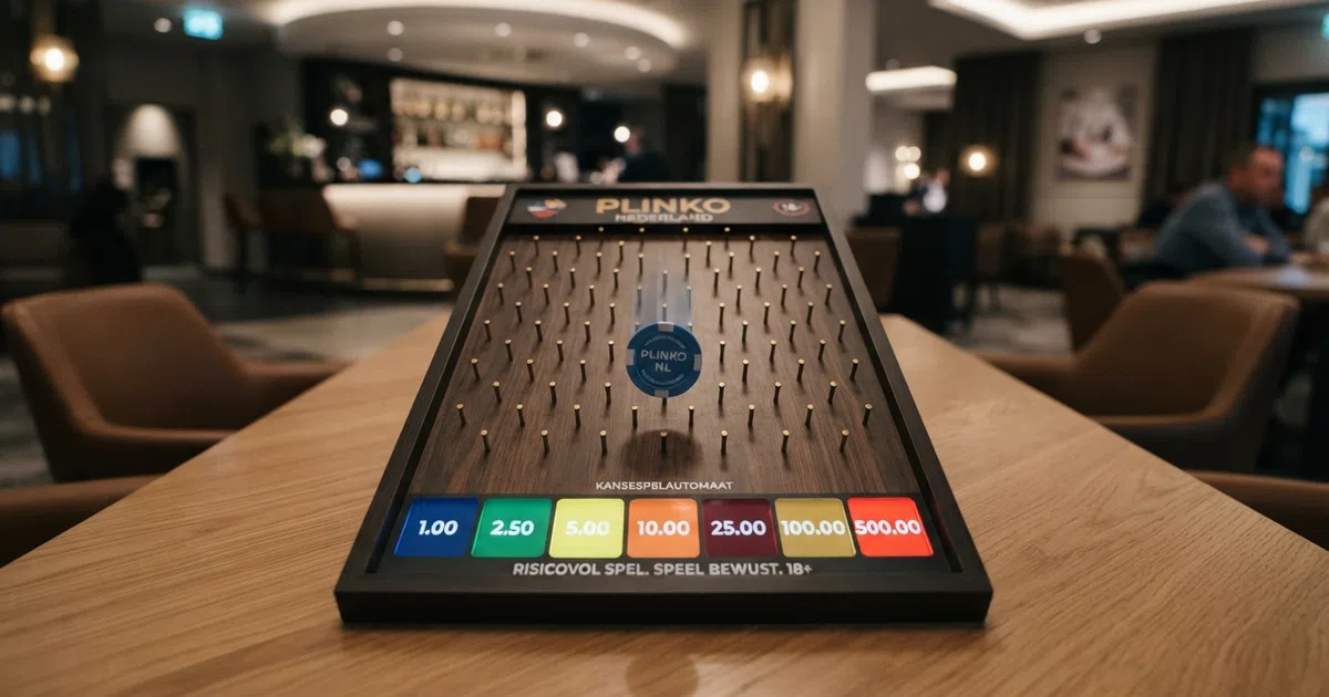 Een Plinko-spelbord met gekleurde uitbetalingsvakken onderaan en meerdere rijen pinnen waar een bal doorheen valt