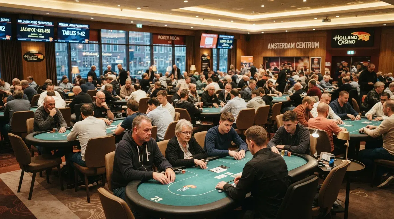 De pokerzaal van Holland Casino Amsterdam Centrum met rijen pokertafels onder helder licht, spelers geconcentreerd aan tafel en toernooiborden aan de muur