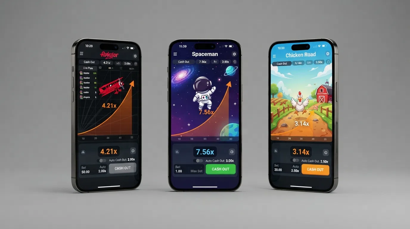 De interfaces van Aviator, Spaceman en Chicken Road in drie vensters naast elkaar, elk met hun eigen grafische stijl en multiplierweergave