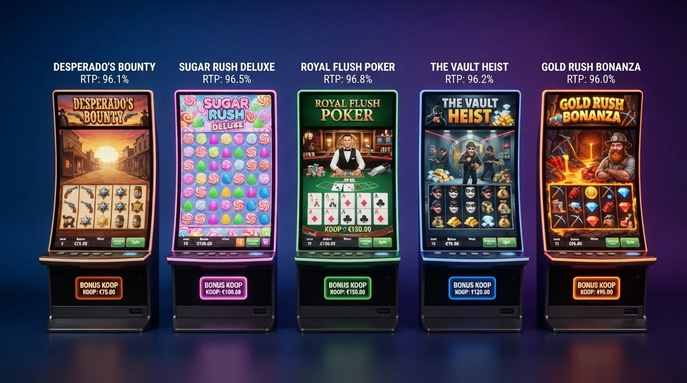 Een raster van vijf bonus buy-slot-covers of screenshots, met hun RTP-waarden en maximale winst onder elke titel