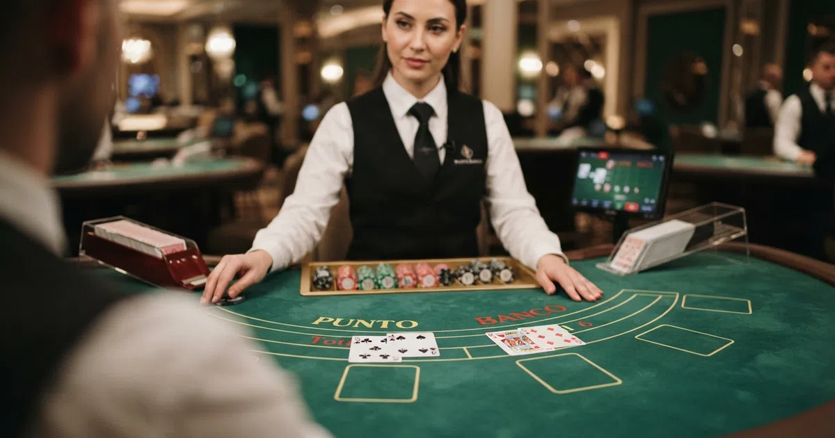 Een live punto-banco-tafel met een dealer die kaarten schudt boven het groene laken, spelersposities zichtbaar