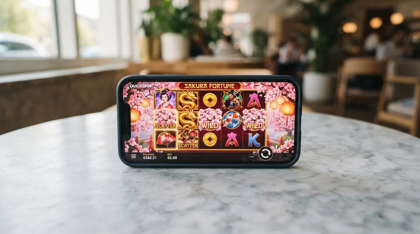 Een Quickspin-gokkast op het scherm van een smartphone in landscape-modus, bestuurd met de duim